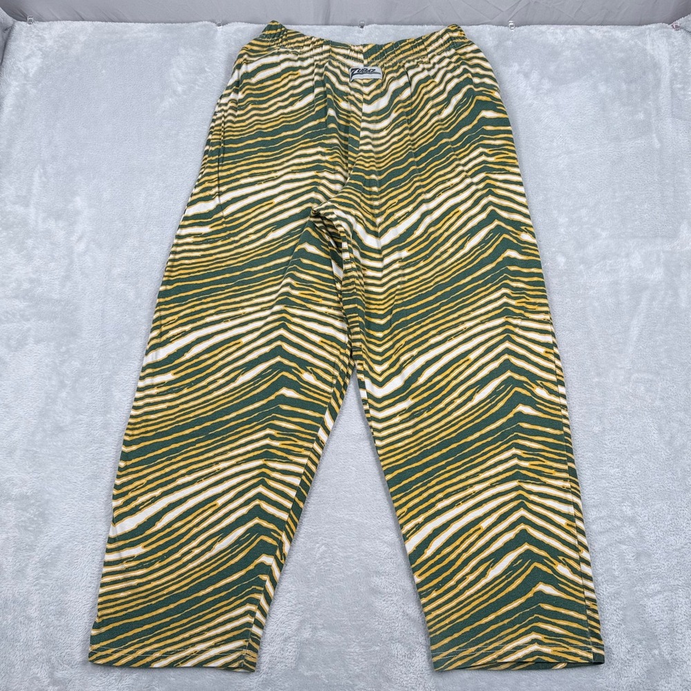 Vintage Zubaz Zebra Print Lounge Pants Men Large Green Gold White Packers NFL